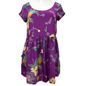 LUX Silk Baby Doll Mini Dress, Pockets, Purple Floral, M